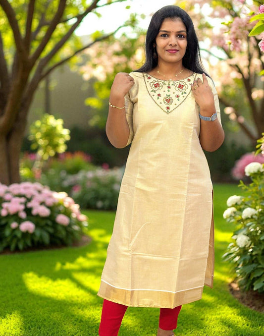 120825HK (E6349) ONAM SPECIAL HANDWORKED KURTI - Cream V Flower