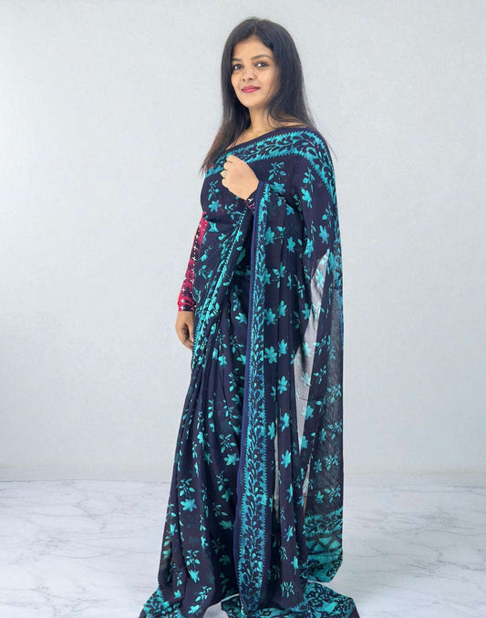 090825S (E6313) PURE GEORGETTE SAREE - Blue n Seige Green