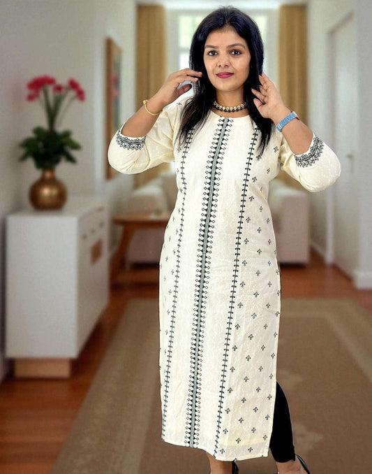 090825EK (E6319) ONAM SPECIAL SLITED KURTI - Cream n Black