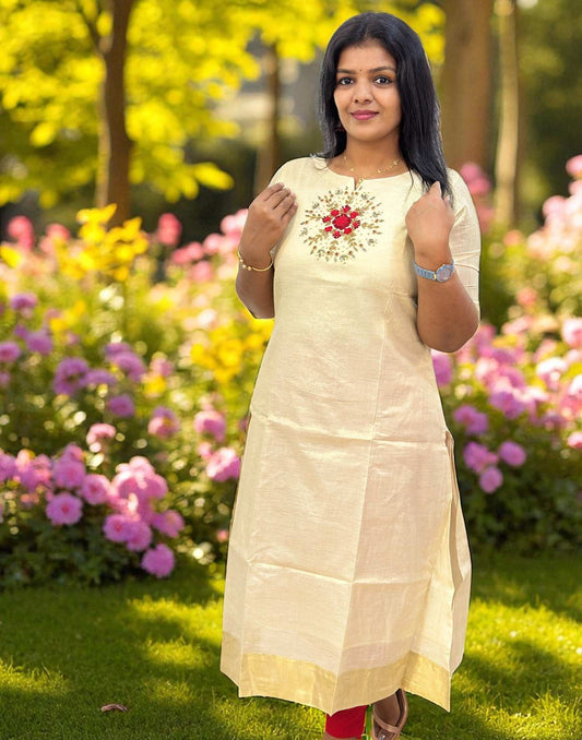 120825HK (E6339) ONAM SPECIAL HANDWORKED KURTI - Cream Round
