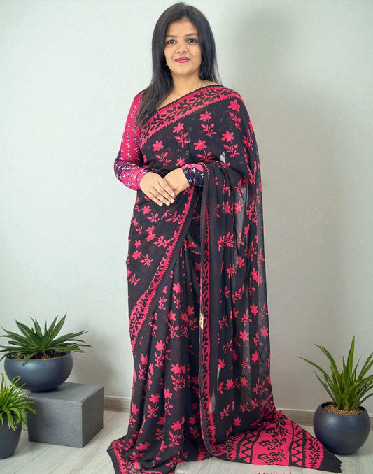 090825S (E6313) PURE GEORGETTE SAREE - Black n Chery Pink