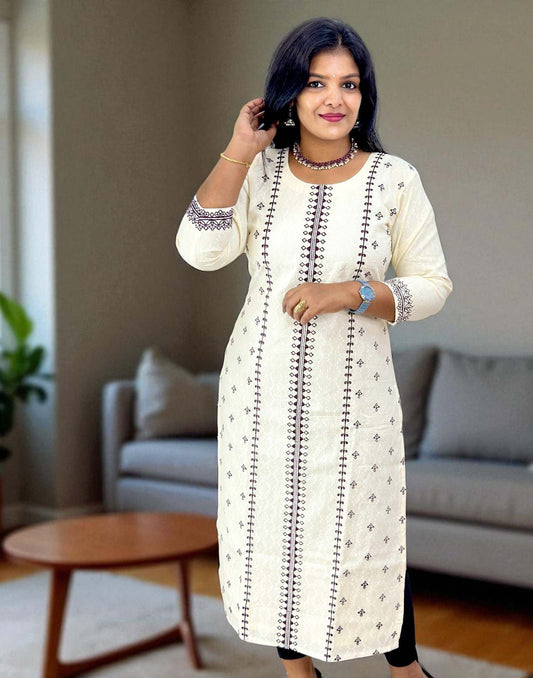 090825EK (E6319) ONAM SPECIAL SLITED KURTI - Cream n Purple