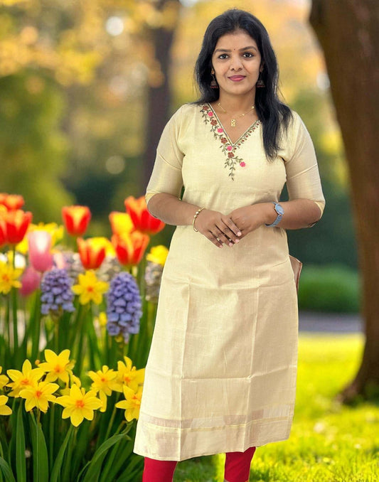 120825HK (E6340) ONAM SPECIAL HANDWORKED KURTI - Cream V Neck