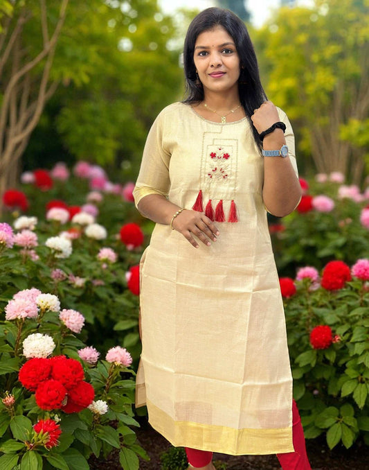120825HK (E6342) ONAM SPECIAL HANDWORKED KURTI - Cream Squre