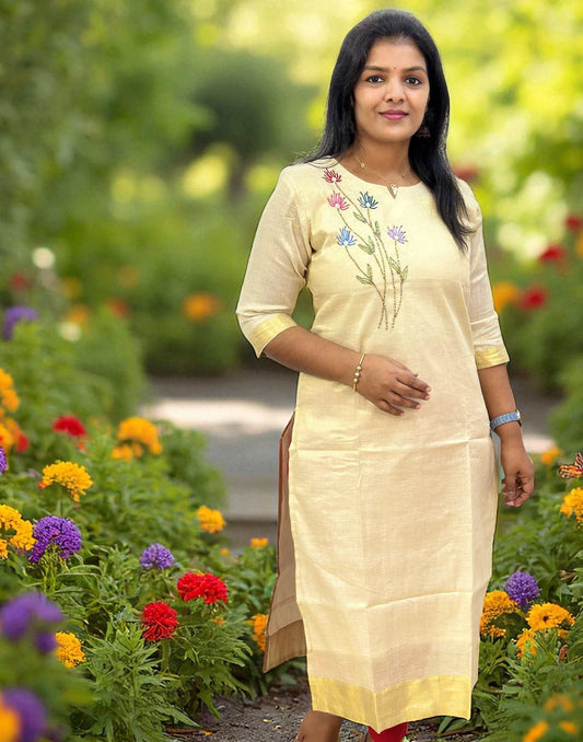 120825HK (E6341) ONAM SPECIAL HANDWORKED KURTI - Cream Side Flower