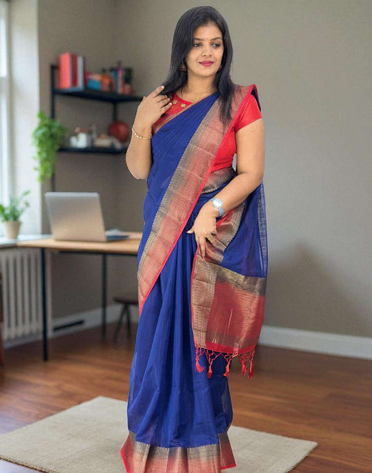 120825S (E6352) SEMI JUTE SAREE - Blue n Red