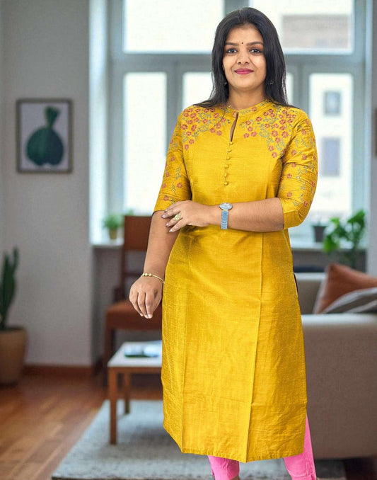 130825EK - DESIGNER EMBROIDERY KURTI - Yellow