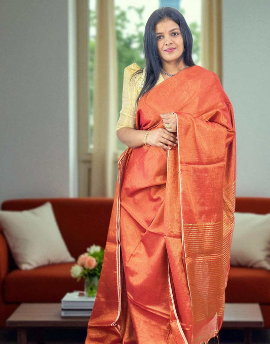 170825S (E6351) LINAN TISSUE SAREE - Rust Orange