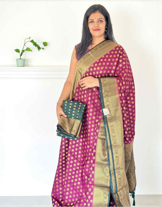 141025S (E6514) SEMI BANARASI SAREE - Purple n Green