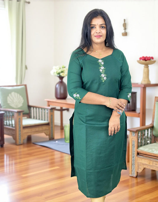 021025EK (E6535) EMBROIDERY KURTI - Dark Green