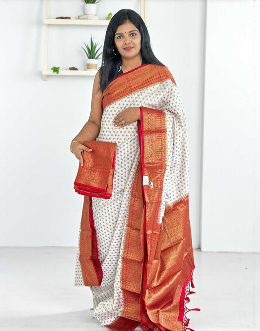 141025S (E6514) SEMI BANARASI SAREE - White n Red