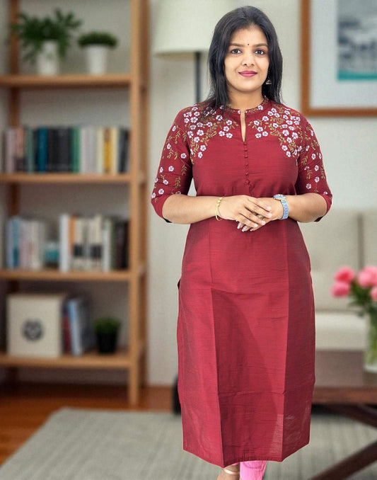 130825EK - DESIGNER EMBROIDERY KURTI - Maroon