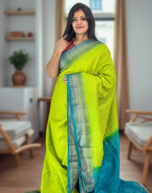 120825S (E6352) SEMI JUTE SAREE - Parrot Green n Bright Teal