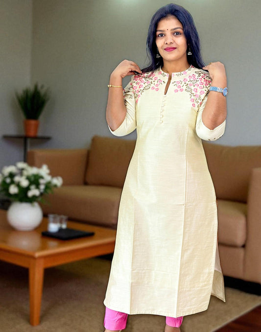 130825EK - DESIGNER EMBROIDERY KURTI - Cream