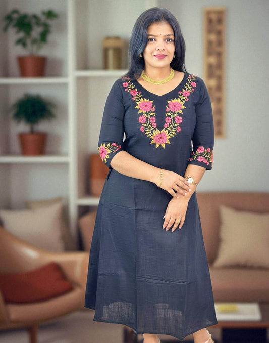 170825EK (E6385-6386) DESIGNER EMBROIDERY A-LINE KURTI - Black