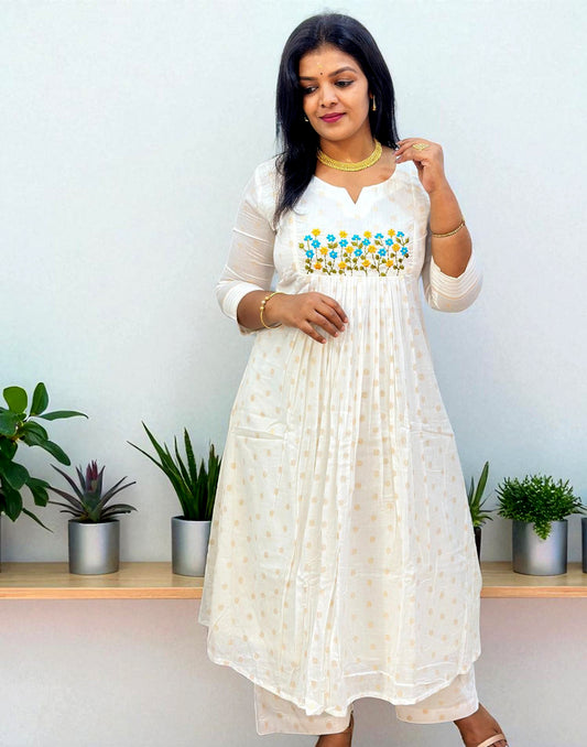 170825EK (E6390) ONAM SPECIAL EMBROIDERY KURTI SET - Blue Flower