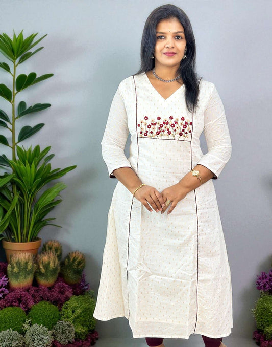 300825EK (E6387) ONAM SPECIAL EMBROIDERY A-LINE KURTI - Maroon Flower