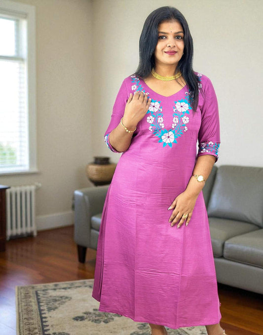 170825EK (E6385) DESIGNER EMBROIDERY A-LINE KURTI - Onion Pink