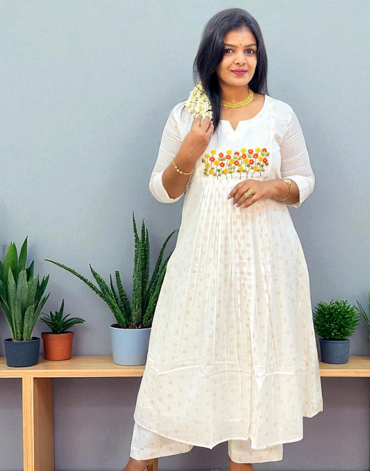 170825EK (E6390) ONAM SPECIAL EMBROIDERY KURTI SET - Orange Flower
