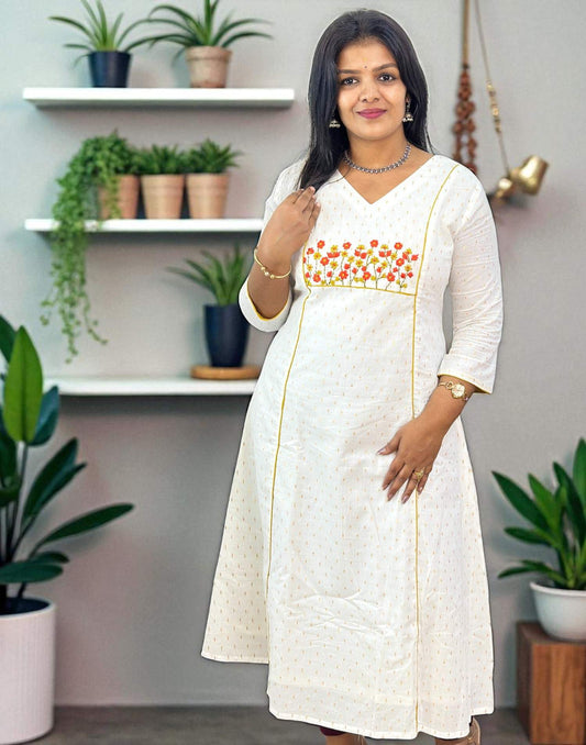 300825EK (E6387) ONAM SPECIAL EMBROIDERY A-LINE KURTI - Orange Flower