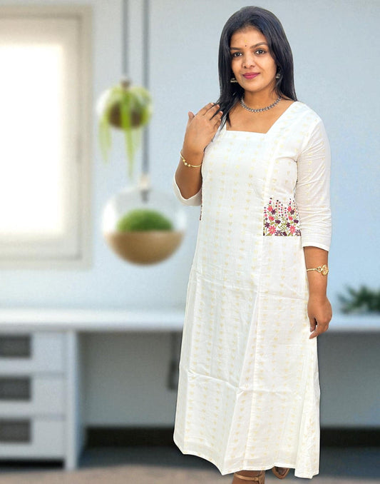 300825EK (E6387) ONAM SPECIAL EMBROIDERY A-LINE KURTI - Peach n Purple