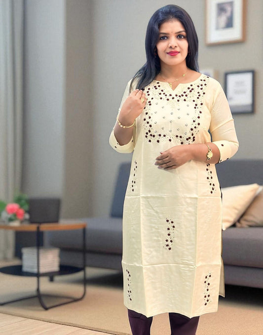 210825HK (E6409) ONAM SPECIAL ZARDOSI HANDWORK KURTI - Cream n Dark Brown