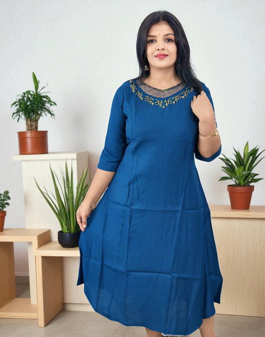 190825HK (E6343) BUDGET BUY HANWORKED KURTI - Peacock Blue