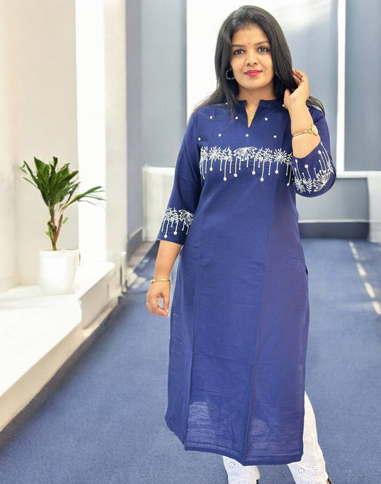 190825EK (E6404) DESIGNER EMBROIDERY SLITED KURTI - Dark Blue