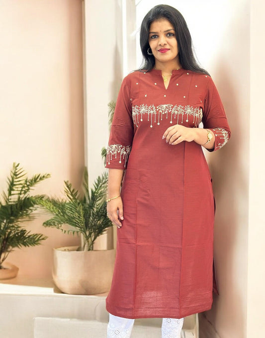 190825EK (E6404) DESIGNER EMBROIDERY SLITED KURTI - Dark Burgandy