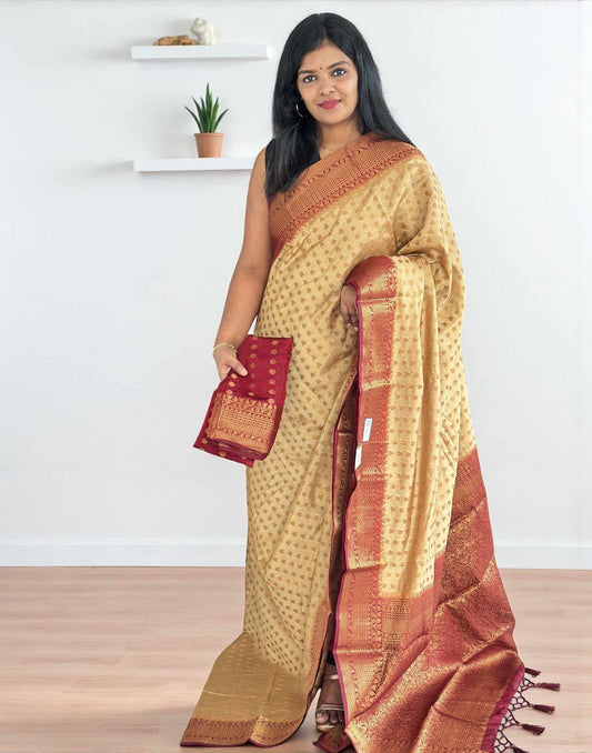 141025S (E6514) SEMI BANARASI SAREE - Chikku n Maroon