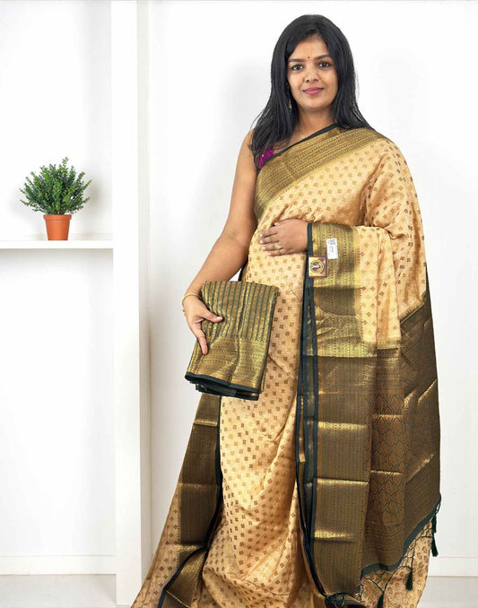 141025S (E6514) SEMI BANARASI SAREE - Chikku n Green (Floral & Boota work)