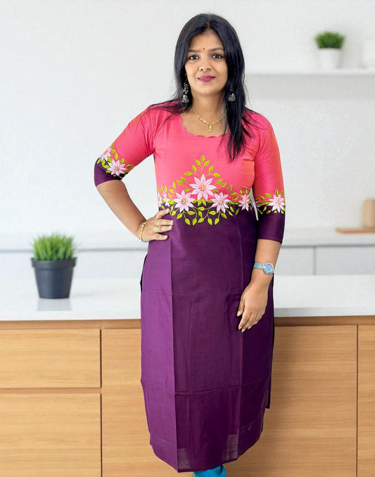 300725EK (E6283-E6284) DESIGNER EMBROIDERY KURTI - Peaches Pink n Dark Purple