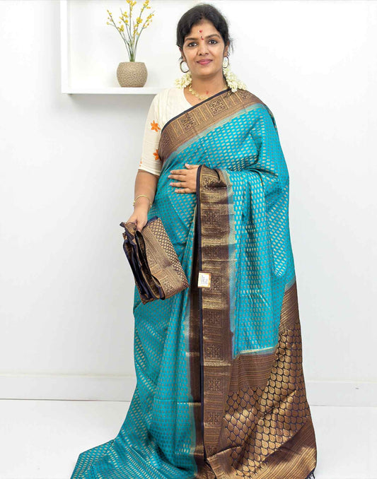021025S (E6521-E6514) SEMI BANARASI SAREE - Turkoish Blue n Dark Blue
