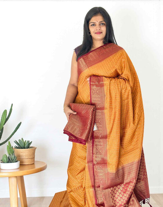 141025S (E6514) SEMI BANARASI SAREE - Yellow n Maroon