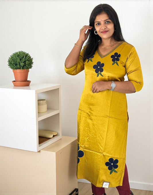 161025EK (E6579) APLIC WORK WITH EMBROIDERY KURTI - Yellow