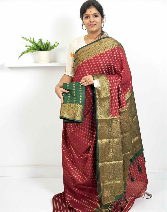 021025S (E6521-E6514) SEMI BANARASI SAREE - Maroon n Green