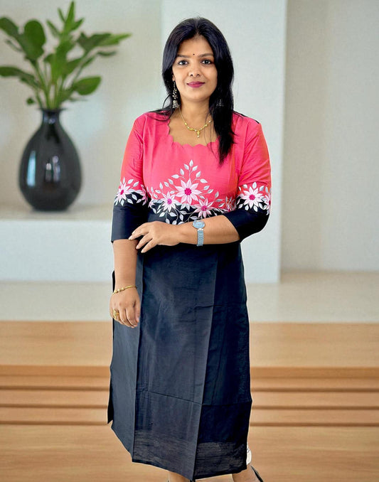 300725EK (E6283-E6284) DESIGNER EMBROIDERY KURTI - Pink n Black