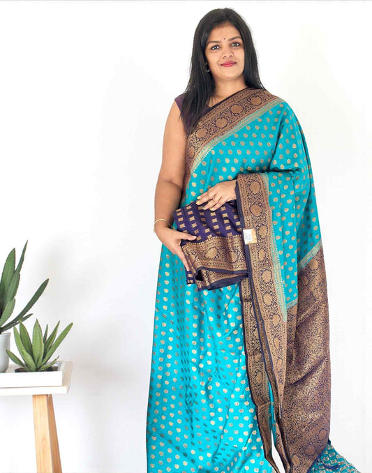 141025S (E6514) SEMI BANARASI SAREE - Turkoish Blue n Navy Blue