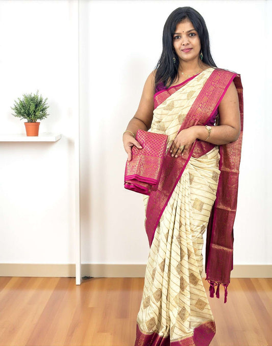 101025S (E6521) SEMI BANARASI SAREE - Cream n Pink