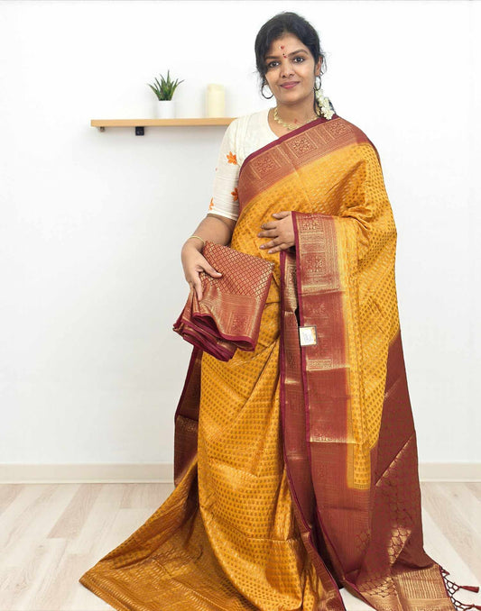 021025S (E6521-E6514) SEMI BANARASI SAREE - Yellow n Maroon
