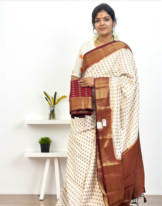021025S (E6521-E6514) SEMI BANARASI SAREE - Cream n Maroon