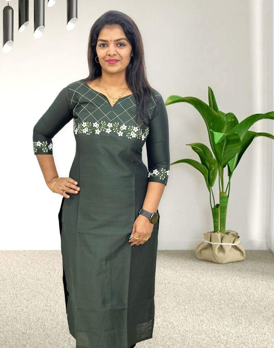 100424A (E3276) EMBROIDERY KURTI - Forest Green