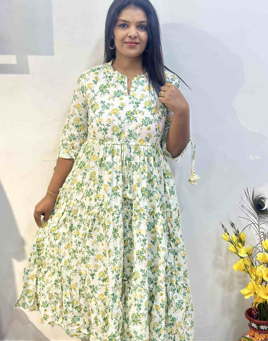 240223 WHITE FLORAL FROCK - Yellow & Green
